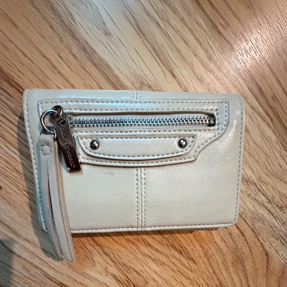 Nine & Company Cream Faux Leather Trifold Wallet Moto Tassel Detail Off-White